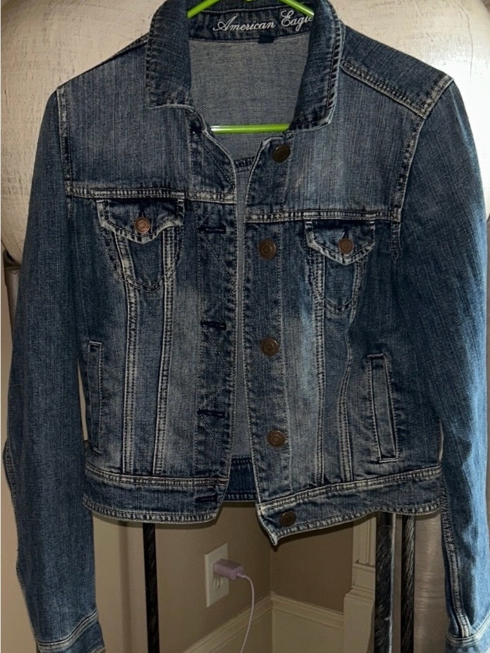 American Eagle Outfitters Distressed Dark Blue Denim Jacket